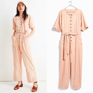 Madewell Top-Stitched Cotton Coverall Jumpsuit in Bashful Blush Pink | 0